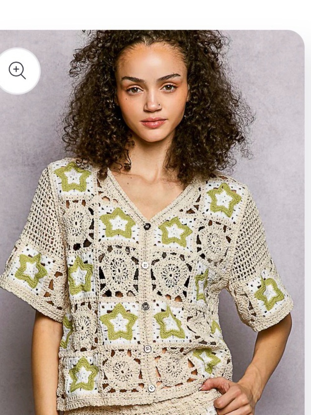 POL Crochet Button-Front Short Sleeve Top in Cream and Olive
